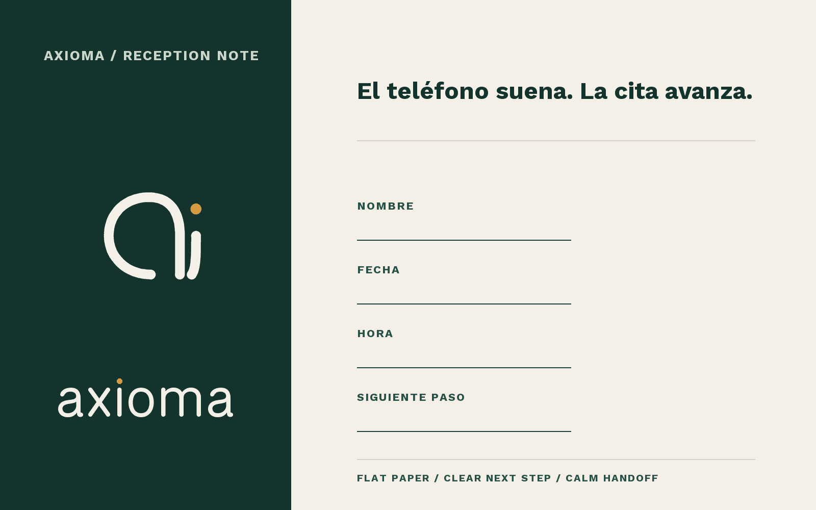 Nota de recepción de Axioma con los campos nombre, fecha, hora y siguiente paso.